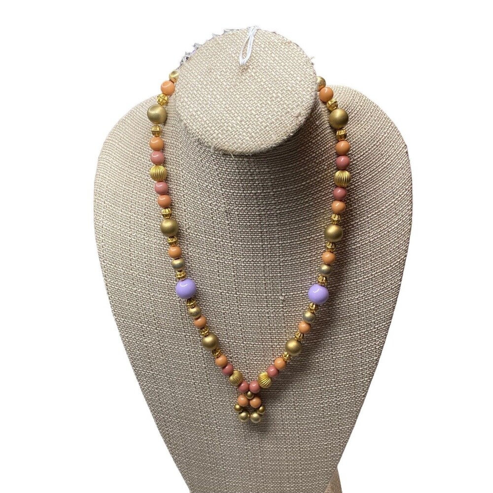 Vintage Gold-Tone Pastel Pink Round Glass Plastic Beaded Necklace